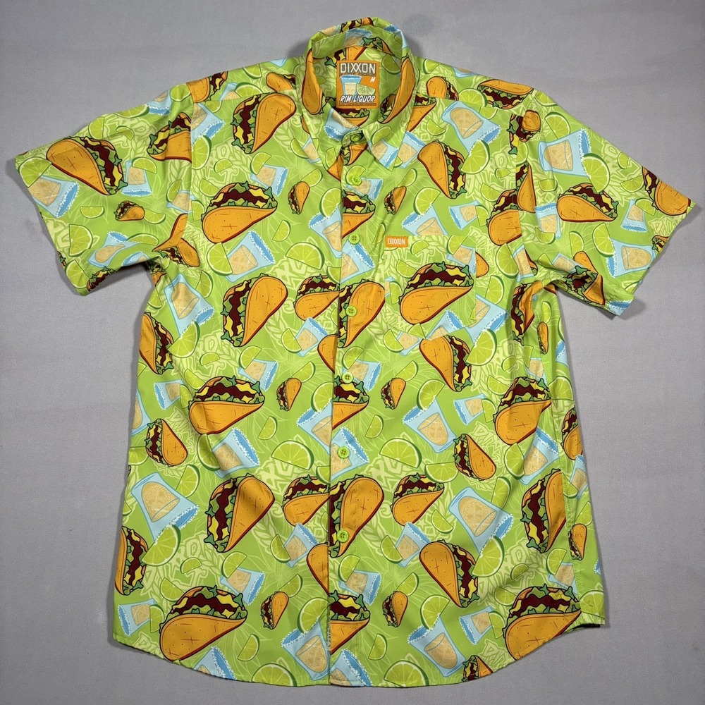 Dixxon Flannel Button Up Mens Medium Green Rim Liquor Taco Margarita AOP Festive